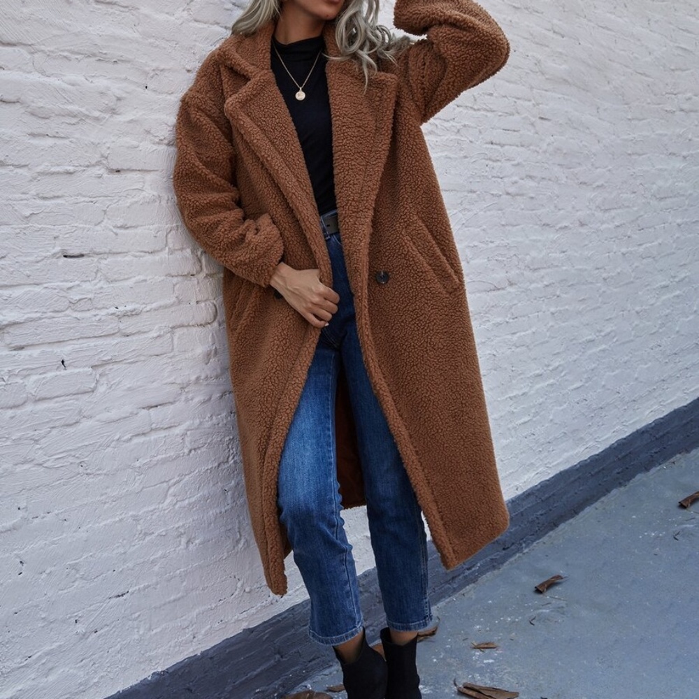 Brown mocha collar long teddy trench coat sherpa - Picture 2 of 6